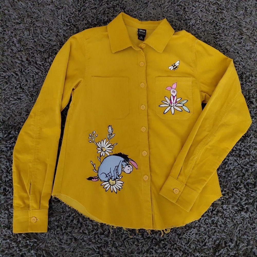 OUR Disney Winnie Pooh Corduroy Small Yellow Gold Button Up Raw Hem Embroidered - Picture 1 of 15